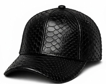 Bonnet unisexe noir en peau de serpent | Casquette en cuir de python cuir gaufré