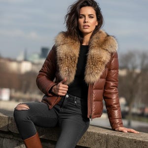 Chaqueta acolchada de cuero para mujer con cuello de piel de zorro auténtica, Lederjacken damen, Pufferjacken
