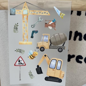 May include: A sheet of stickers featuring watercolor illustrations of construction equipment including a yellow crane, a cement mixer truck, and an excavator. Also included are a wrench, a saw, a toolbox, a road work sign, a small bee, and green leaves.