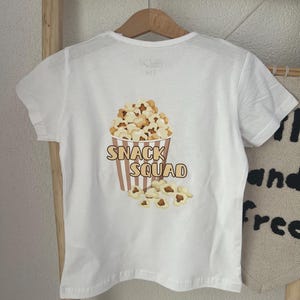 Snack Squad Strykmärke för popcornpåse | Strykapplikation för barn | 8 x 6 cm och 20 x 16 cm | Gör-det-själv barntröja