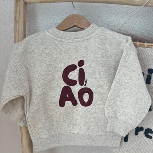 May include: A heathered beige long-sleeve sweatshirt with a ribbed crew neckline, cuffs, and hem. The front features the dark brown text "ci AO" with the word "KAKAO" printed vertically in small letters between the two lines of text.