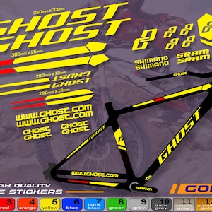 May include: A collection of high-quality bicycle stickers in yellow, red, and black. The stickers feature the brand name "GHOST" and various dimensions. The image also includes a bicycle frame and the words "HIGH QUALITY BICYCLE STICKERS".