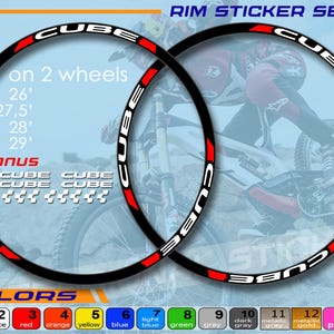 May include: Black rim sticker set with the word "CUBE" in white, red accents, and the text "on 2 wheels". Available in various colors and sizes: 26", 27.5", 28", and 29". Includes a bonus set of stickers.