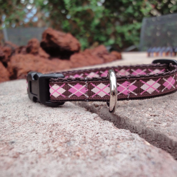 1/2" Ancho Collar para Perro - Marrón / Rosa Argyle