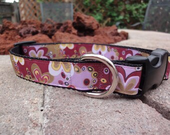 1" Width Dog Collar - Cranberry/Lavender Flower