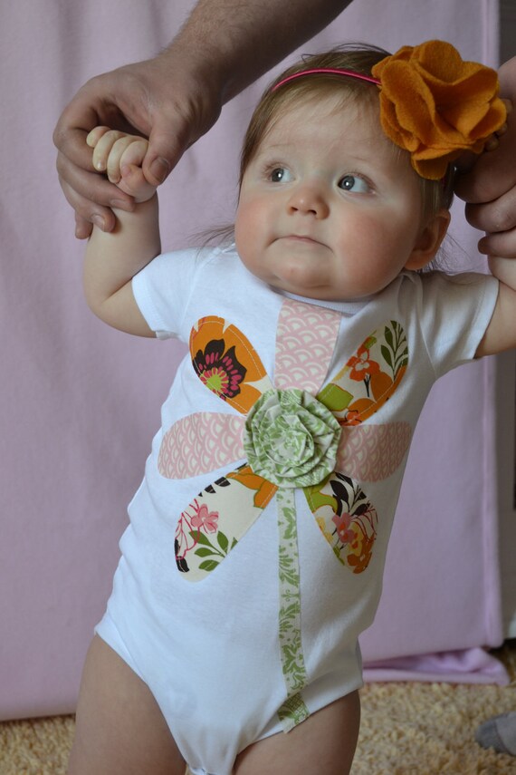 Items similar to Custom Rosette Flower Appliqued Onesie Shabby Chic