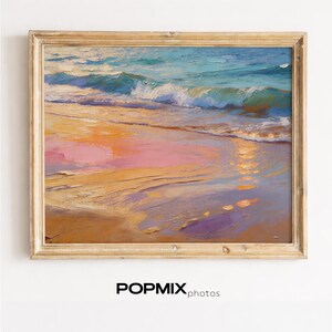 Paisaje marino costero al atardecer: escena playera relajante, arte pictórico con destellos de luz, decoración moderna de estilo rústico, descarga imprimible con textura 694