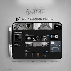Panel de control del planificador estudiantil de Notion, plantilla universitaria de Notion con estética oscura, planificador estudiantil definitivo, seguimiento de calificaciones y tareas.