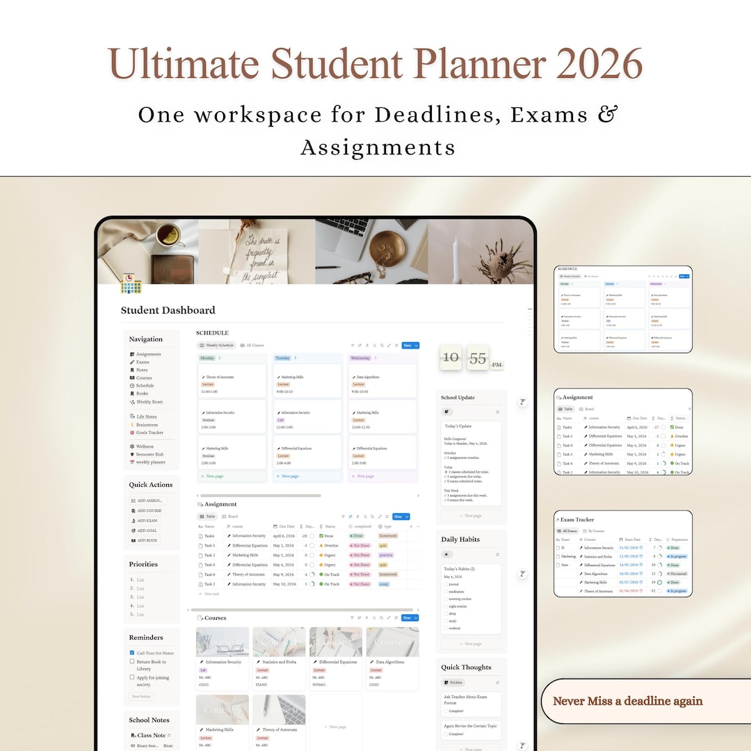 Notion University Planner Assignment Tracker Student Academic Planner ...