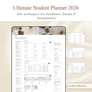 May include: A digital student planner interface with the text "Ultimate Student Planner 2026" and "One workspace for Deadlines, Exams & Assignments." The interface includes sections for scheduling, assignments, and reminders.