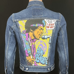 Upcycle Jimi Hendrix Levi&#39;s Denim Jacket Kiss The Sky Men&#39;s Small Women&#39;s Medium