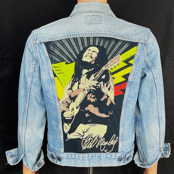 Upcycle Bob Marley Levis Denim Jacket Vintage USA 40 Mens Upcycle Bob Marley Levis Denim Jacket Vintage USA 40 Mens
