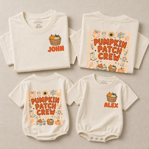 May include: Four cream-colored garments including two t-shirts and two baby bodysuits. The designs feature orange and brown autumn graphics of pumpkins, sunflowers, and scarecrows with the text PUMPKIN PATCH CREW, JOHN, and ALEX printed on them.