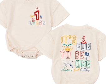 Personalized It's Fun to Be One Birthday baby bubble romper, Boys First Birthday, Girls First Bday Party Outfit, Fun BDay Theme baby Outfits
