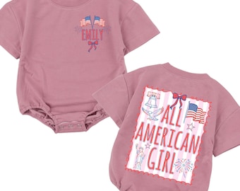 Personalized Coquette All American Girl Baby Romper, Preppy Patriotic Baby Romper, 4th of July Baby Girl Bodysuit, Independence Day Toddler