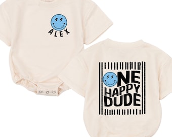 Personalized Blue  One Happy Dude First Birthday Bodysuit, Custom Name Baby Romper