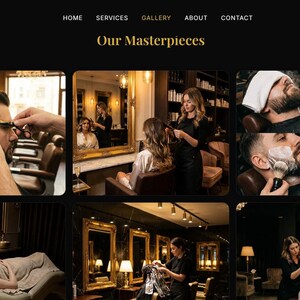 Puede incluir: Captura de pantalla del sitio web de L'Elegance Salon, que presenta un collage de servicios de sal&oacute;n. Las im&aacute;genes incluyen cortes de pelo, aseo de barba, peinado y tratamientos de spa. El nombre del sal&oacute;n y la frase "Nuestras obras maestras" se muestran en texto dorado.