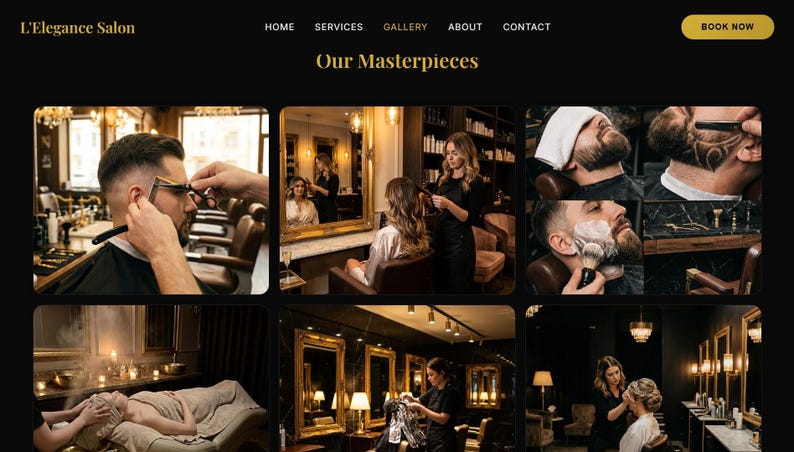 Puede incluir: Captura de pantalla del sitio web de L'Elegance Salon, que presenta un collage de servicios de sal&oacute;n. Las im&aacute;genes incluyen cortes de pelo, aseo de barba, peinado y tratamientos de spa. El nombre del sal&oacute;n y la frase "Nuestras obras maestras" se muestran en texto dorado.