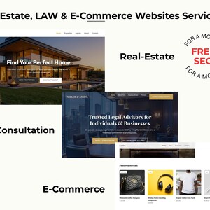 Puede incluir: Imagen que muestra servicios de sitios web para bienes ra&iacute;ces, derecho y comercio electr&oacute;nico. La imagen incluye maquetas de sitios web para cada servicio, con el texto "Find Your Perfect Home" y "Trusted Legal Advisors". Una pancarta promocional dice "FREE SEO for a month".