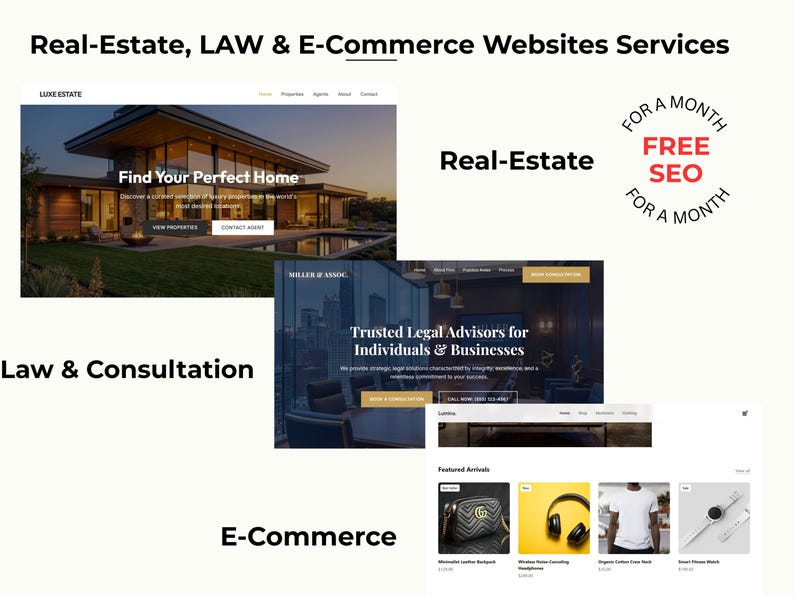 Puede incluir: Imagen que muestra servicios de sitios web para bienes ra&iacute;ces, derecho y comercio electr&oacute;nico. La imagen incluye maquetas de sitios web para cada servicio, con el texto "Find Your Perfect Home" y "Trusted Legal Advisors". Una pancarta promocional dice "FREE SEO for a month".