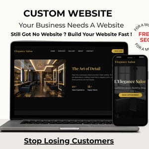 Puede incluir: Un port&aacute;til y un smartphone muestran un dise&ntilde;o de sitio web para Elegance Salon. La pantalla del port&aacute;til muestra un interior de sal&oacute;n, mientras que el tel&eacute;fono muestra una interfaz de reserva. El texto incluye "Custom Website" y "SEO gratis por un mes."