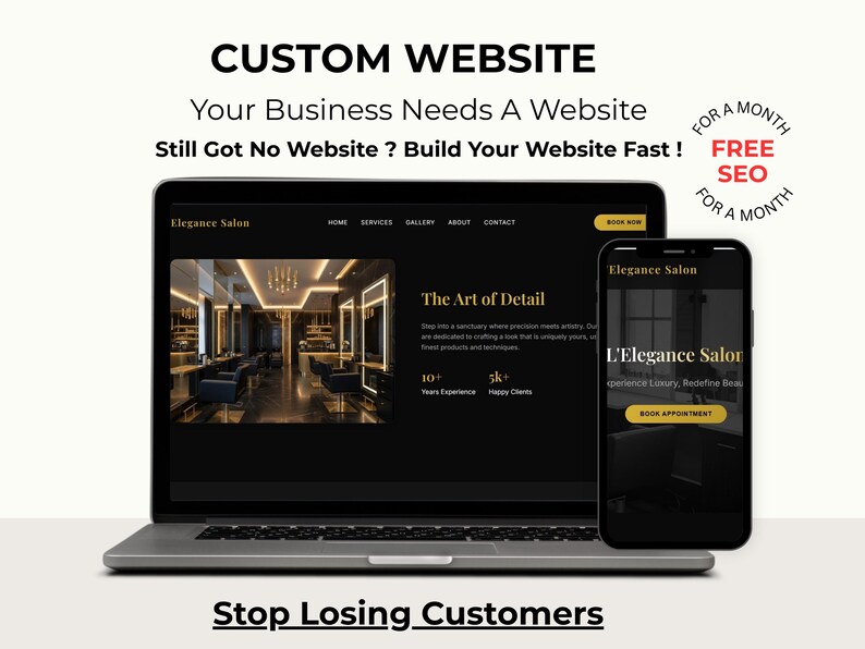 Puede incluir: Un port&aacute;til y un smartphone muestran un dise&ntilde;o de sitio web para Elegance Salon. La pantalla del port&aacute;til muestra un interior de sal&oacute;n, mientras que el tel&eacute;fono muestra una interfaz de reserva. El texto incluye "Custom Website" y "SEO gratis por un mes."