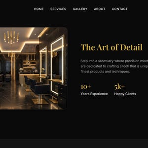 Puede incluir: P&aacute;gina de inicio del sitio web de L'Elegance Salon, que presenta un interior lujoso con sillas negras, detalles dorados e iluminaci&oacute;n brillante. El texto incluye "The Art of Detail", "10+ Years Experience" y "5k+ Happy Clients".