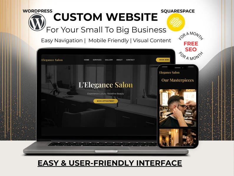 Puede incluir: Un port&aacute;til y un smartphone que muestran un dise&ntilde;o de sitio web. El port&aacute;til muestra las palabras "CUSTOM WEBSITE" y "Elegance Salon". El smartphone muestra "Our Masterpieces". La imagen tambi&eacute;n incluye el texto "Easy & User-Friendly Interface."