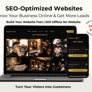 Puede incluir: Un port&aacute;til y un smartphone muestran un sitio web y una aplicaci&oacute;n para un sal&oacute;n, mostrando servicios y opciones de reserva. El sitio web presenta im&aacute;genes de los servicios del sal&oacute;n. El texto en la pantalla dice "SEO-Optimized Websites" y "Turn Your Visitors Into Customers."