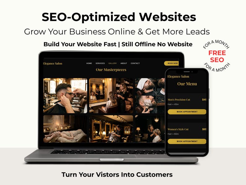Puede incluir: Un port&aacute;til y un smartphone muestran un sitio web y una aplicaci&oacute;n para un sal&oacute;n, mostrando servicios y opciones de reserva. El sitio web presenta im&aacute;genes de los servicios del sal&oacute;n. El texto en la pantalla dice "SEO-Optimized Websites" y "Turn Your Visitors Into Customers."