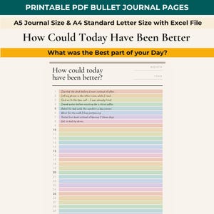 May include: A printable PDF bullet journal page titled How Could Today Have Been Better with a numbered list from 1 to 29. The layout features pastel-coloured horizontal lines for daily entries, with spaces for month and year, available in A5 and A4 sizes.
