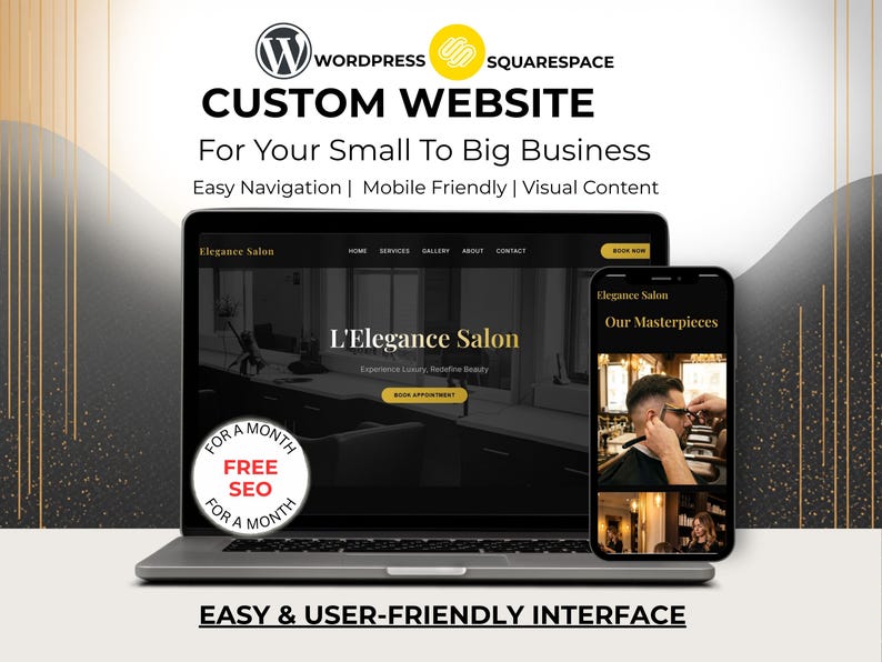 Puede incluir: Una computadora port&aacute;til y un tel&eacute;fono inteligente muestran un dise&ntilde;o de sitio web para una peque&ntilde;a empresa. El sitio web presenta los servicios de un sal&oacute;n, con el texto "Custom Website" y "Easy & User-Friendly Interface". Un c&iacute;rculo dice "Free SEO for a month".