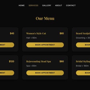 Puede incluir: Un men&uacute; de sitio web para L'Elegance Salon, que presenta servicios como cortes de pelo, esculpido de barba y tratamientos de spa. El men&uacute; se muestra sobre un fondo negro con texto y botones dorados. Los servicios incluyen Corte de Precisi&oacute;n para Hombres, Corte de Estilo para Mujeres y Peinado Nupcial.