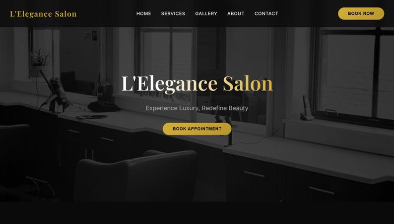 Puede incluir: P&aacute;gina de inicio del sitio web de L'Elegance Salon, con un esquema de color oscuro y acentos dorados. El nombre del sal&oacute;n se muestra de forma destacada, junto con enlaces de navegaci&oacute;n y un bot&oacute;n "Book Now". El lema "Experience Luxury, Redefine Beauty" tambi&eacute;n es visible.