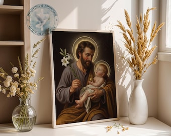 Heiliger Joseph und Kind Jesus katholische Wandkunst, christliches Wohndekor, Geschenk