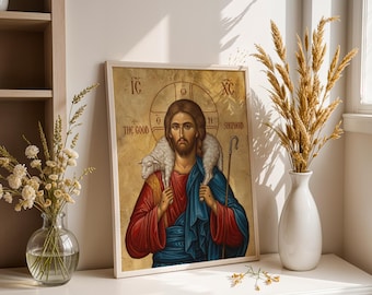 Icono de Jesucristo, el Buen Pastor, impresión artística católica espiritual, decoración de pared