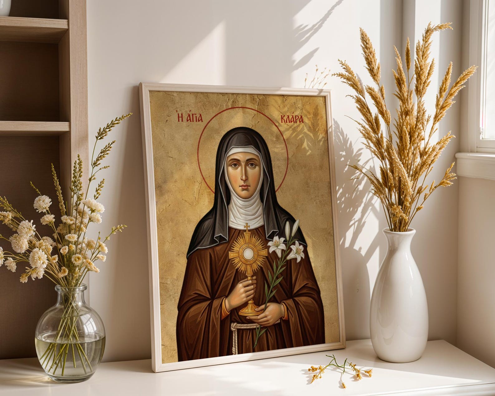 Saint Clare of Assisi Icon, Eucharistic Saint Art, Franciscan Wall Decor