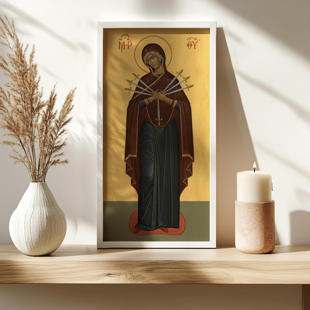 Our Lady of Sorrows Icon, Byzantine Catholic Wall Art, Seven Swords ...