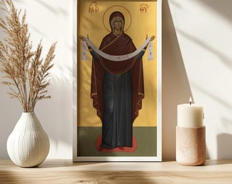 Theotokos of the Protection Icon, Byzantine Virgin Mary Wall Art, Orthodox Pokrov