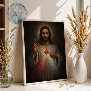 Sacred Heart of Jesus, Divine Mercy Rays, Catholic Wall Art, Wedding Housewarming Gift
