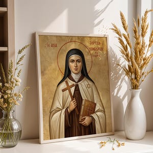 Lámina con icono de Santa Edith Stein, arte de Teresa Benedicta, decoración católica para pared.
