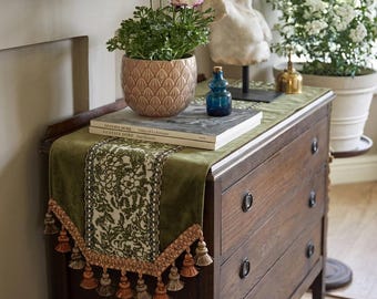 Green Velvet Botanical Jacquard Table Runner with Tassels | Cottage Console Decor