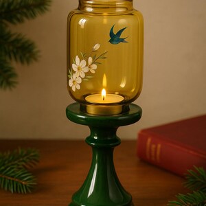 May include: A decorative candle holder featuring a yellow glass jar with a painted blue bird and white floral design. The jar sits atop a dark green pedestal, with a lit candle inside. The candle holder is a decorative home accent.
