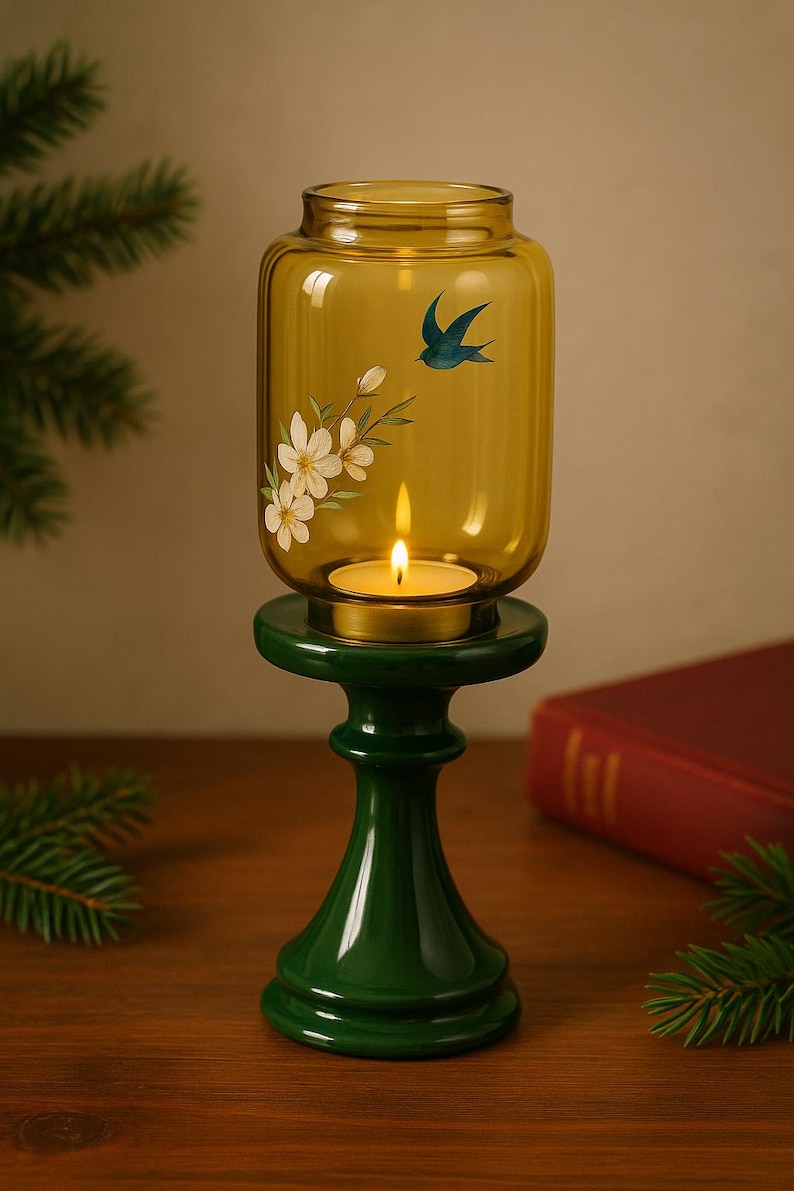 May include: A decorative candle holder featuring a yellow glass jar with a painted blue bird and white floral design. The jar sits atop a dark green pedestal, with a lit candle inside. The candle holder is a decorative home accent.