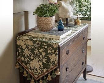 Vintage Botanical Jacquard Table Runner | Folk Floral Tassel Dining Decor