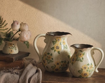 Hand-Painted Sunflower Ceramic Pitcher Vase | Cottagecore Farmhouse Kitchen Decor