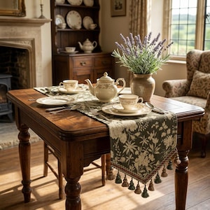 Vintage Botanical Jacquard Table Runner | Folk Floral Tassel Dining Decor