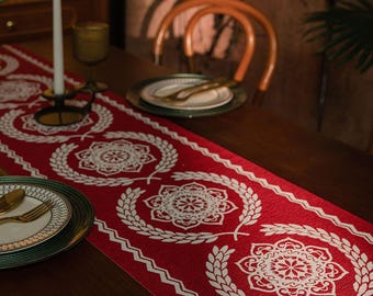 Red Botanical Table Runner | Vintage Woven Tapestry with Tassels | Dining Table Decor