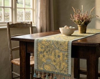 Vintage Floral Table Runner | Mustard Yellow Botanical Tapestry with Tassels | Classic Home Decor