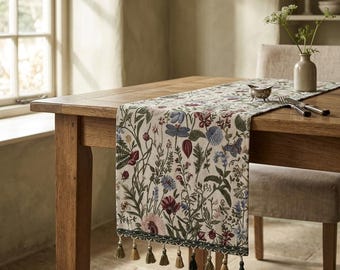 Cottage Floral Table Runner | Woven Cotton-Linen, Tassel Edges